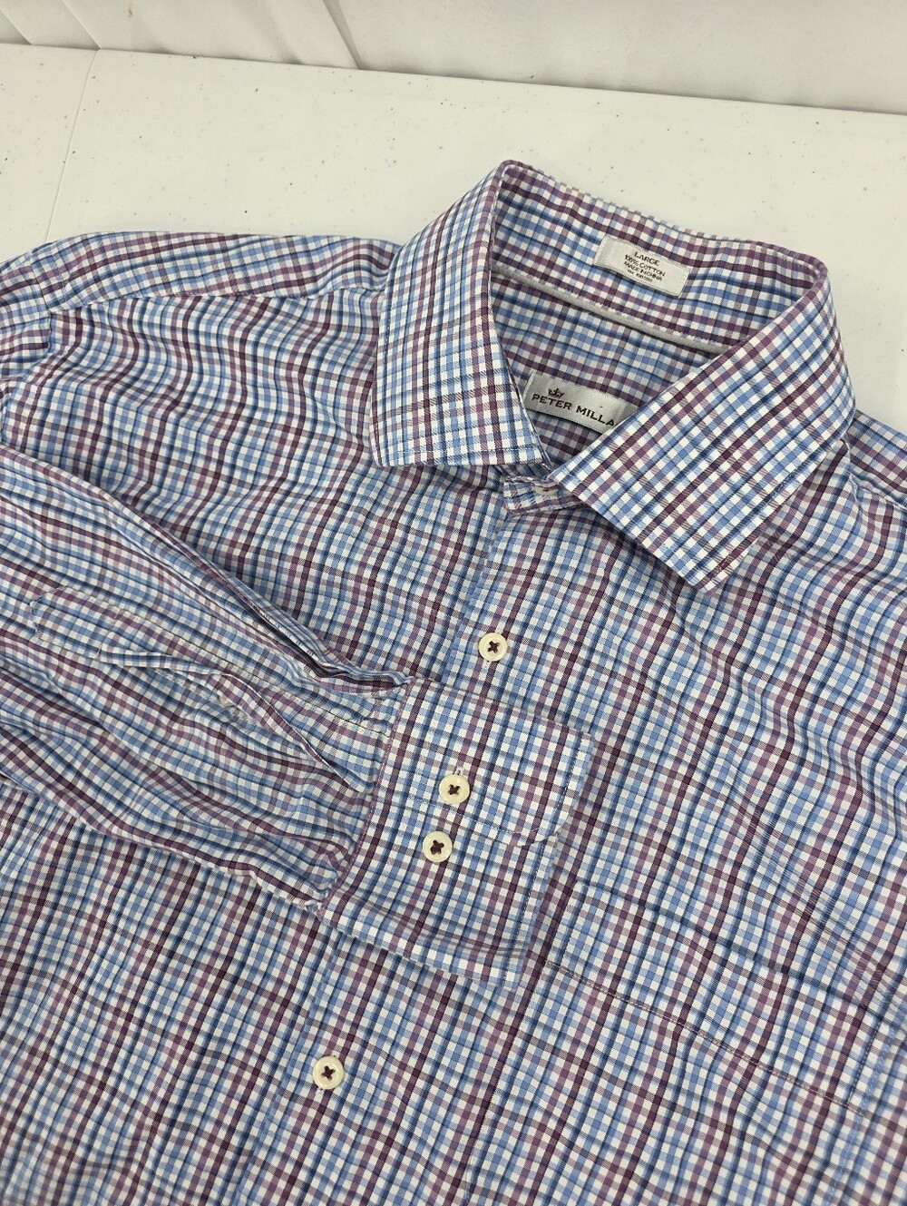 Peter Millar Button Down Dress Shirt Men Large Casual Long Sleeve Check Blue Red